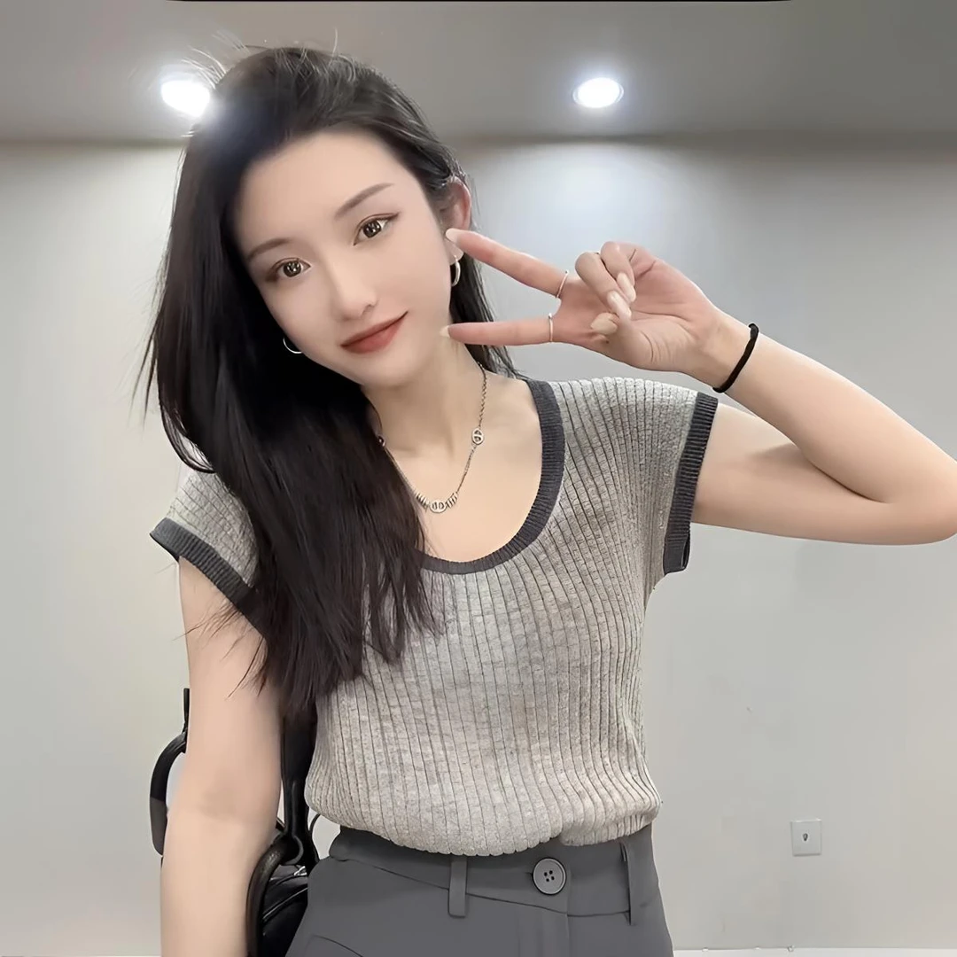 拼色针织打底衫2025年夏季新款潇xiao家修身百搭内搭显瘦上衣女士