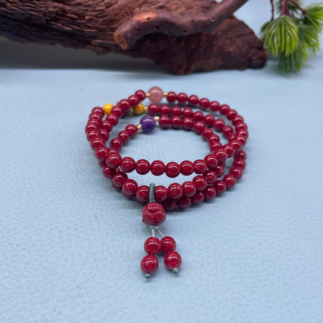 含辰砂工艺品6MM三圈全透草莓晶莲花手串   全透晶体