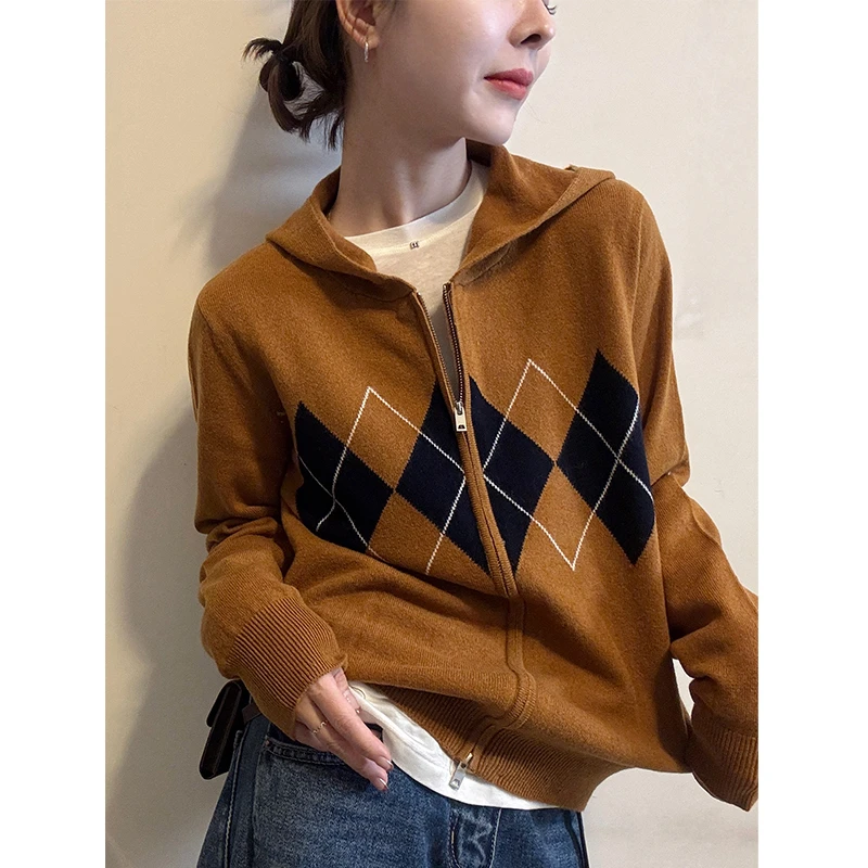 菱形格连帽针织开衫女秋冬新款胖mm宽松百搭设计感慵懒风毛衣外套