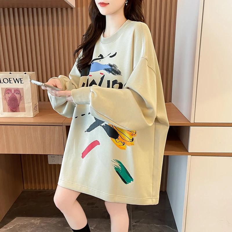 中长款遮臀卫衣女秋季爆款韩版oversize宽松慵懒风涂鸦设计感上衣