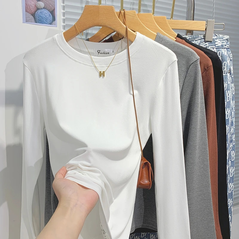 白色圆领打底衫女2025春装新款纯色百搭长袖t恤时尚内搭薄款上衣