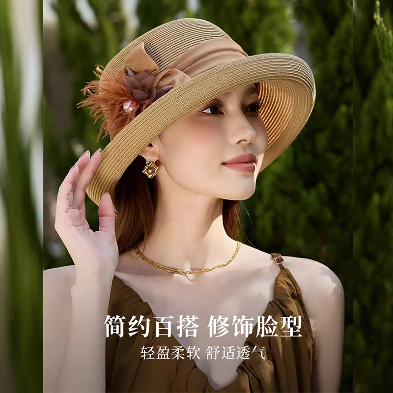 优雅气质草帽春夏季氛围感立体花朵太阳帽显脸小防晒遮阳出游草帽