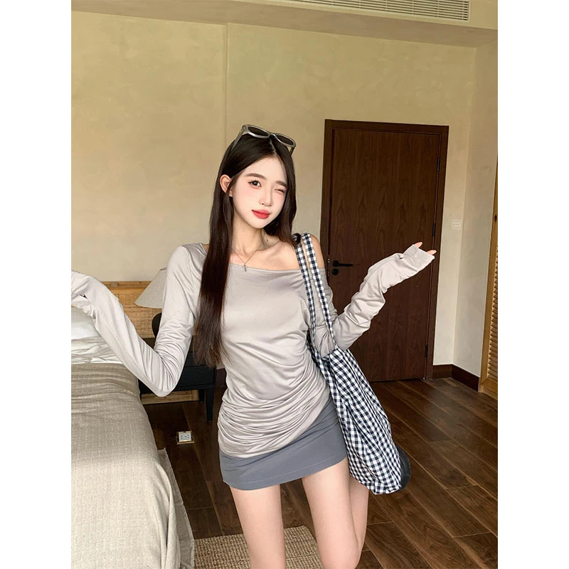 韩系慵懒风气质斜肩长袖T恤上衣2025新款夏季宽松休闲裙裤两件套