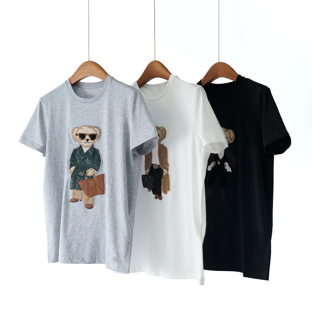 【YS12195】26早春新品100%长绒棉趣味重工刺绣小熊圆领短袖T恤女