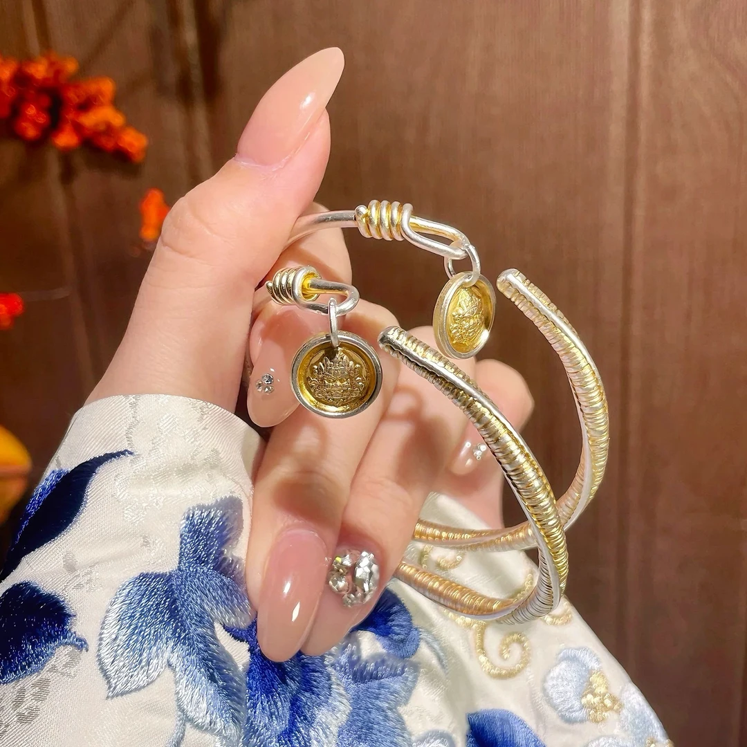 足银手镯 足银999.9新国风黄财神吉言拉丝葫芦吊坠古风开口手镯