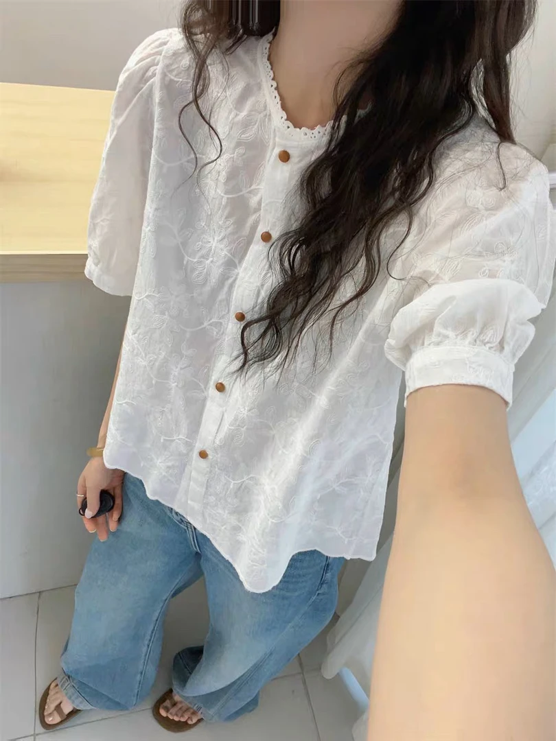 欧洲站2025春装新款欧货潮韩系小清新刺绣短袖衬衫女春秋短款衬衣