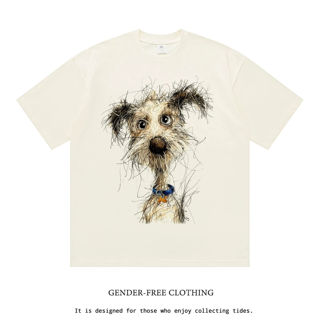 只做性价比好货！手绘涂鸦狗狗印花重磅纯棉280克宽松短袖T恤百搭