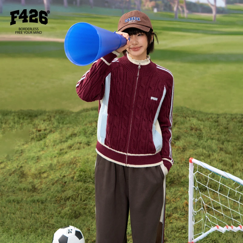 F426「复古运动风」春季新款立领绞花时尚拉链针织毛衣开衫潮牌7980