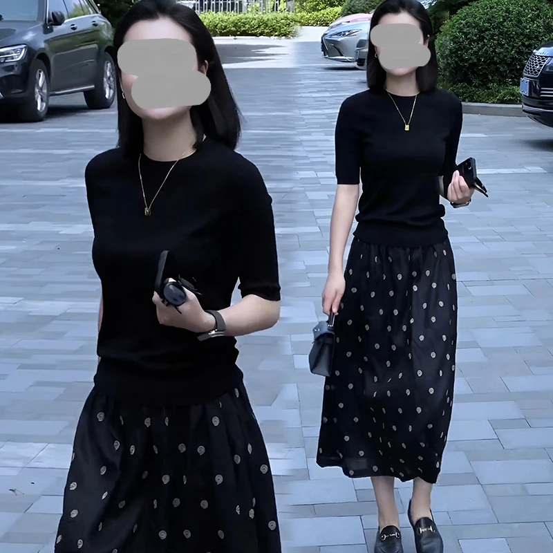 垂坠感高端短袖T恤上衣波点a字半身裙梨早秋穿搭法式蕾丝波点套装