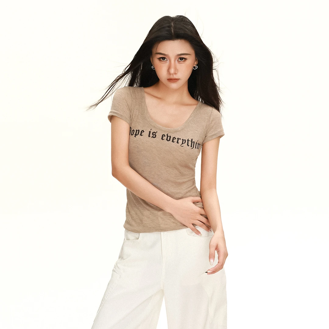 莱赛尔天丝羊毛性感辣妹印花V领正肩短袖2025夏季纯欲风上衣T恤女