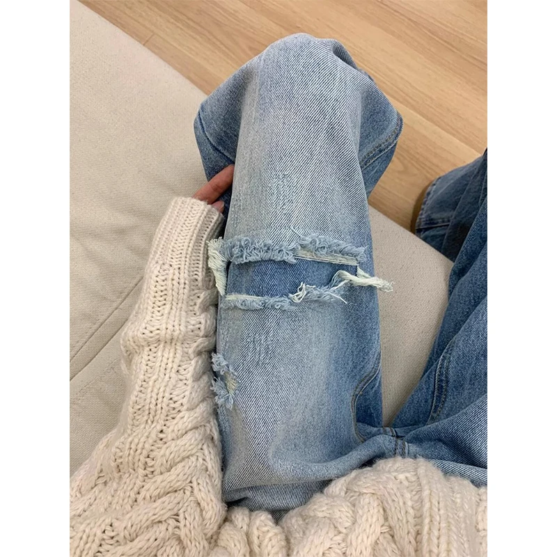 美式高街破洞浅色窄版阔腿牛仔裤女2025年春季新款高腰宽松直筒裤