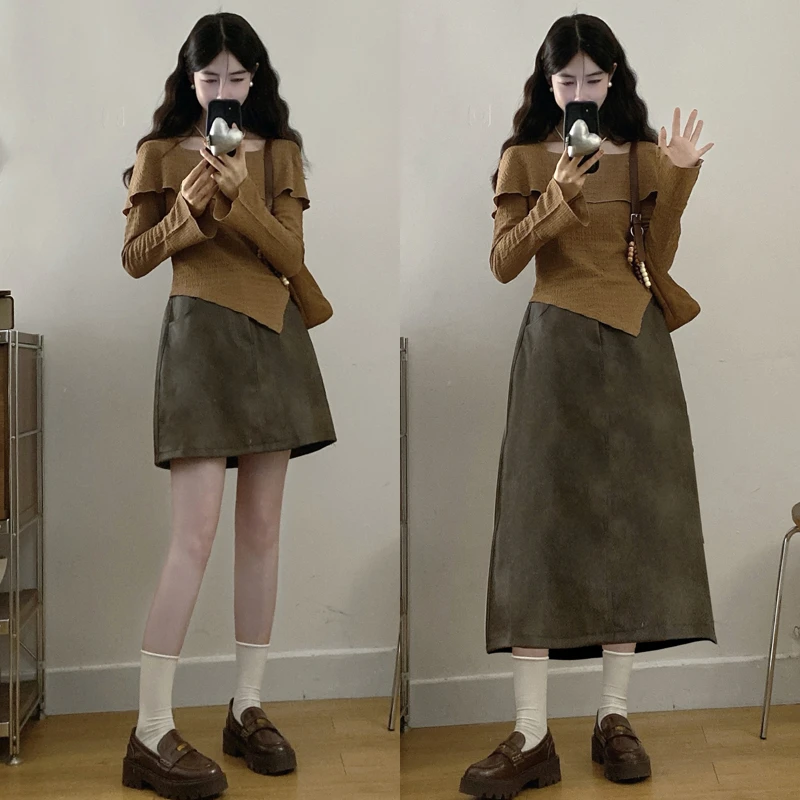 大码【楠序胶片】秋季新款显瘦小众针织衫+高腰半身裙两件套装女