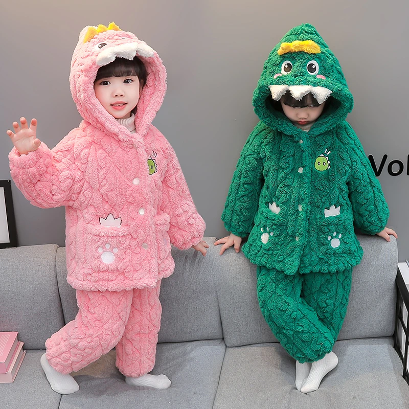 儿童加厚睡衣冬季宝宝三层夹棉珊瑚绒套装女童卡通恐龙保暖家居服