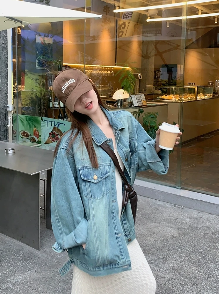 乌77男友风翻领牛仔外套女通勤百搭慵懒设计感宽松显瘦夹克上衣春