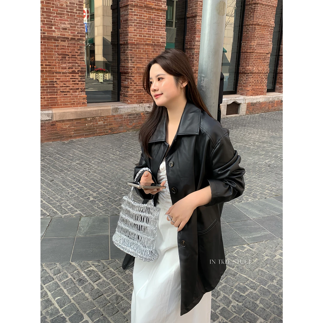 In Tree张桶桶【博主标配】老钱风廓形皮衣衬衫式翻领都市感 ST377