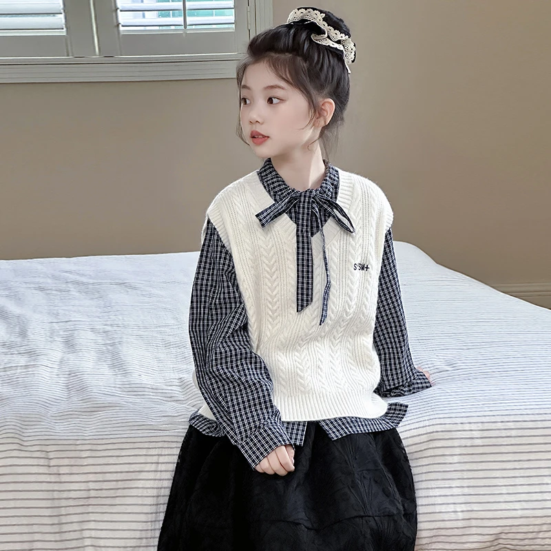 女童学院风套装春秋2025新款洋气儿童秋装女孩格子衬衫马甲两件套