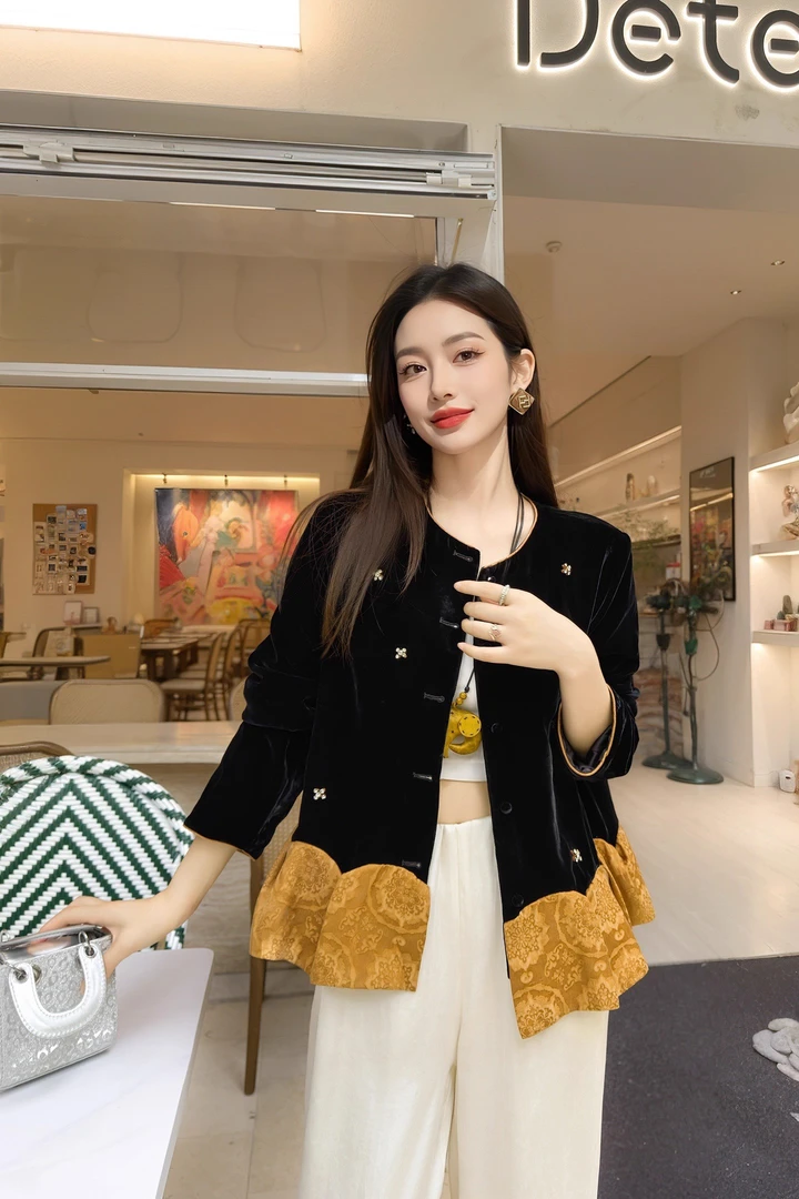 2025秋季新款气质新中式国风钉钻提花拼接丝绒外套上衣