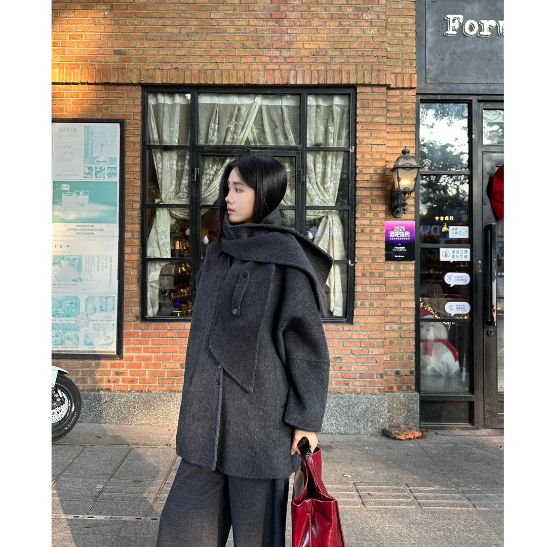 REALNEEI 许怡【苏黎世的冬】冬季100%羊毛围巾领双面大衣外套女