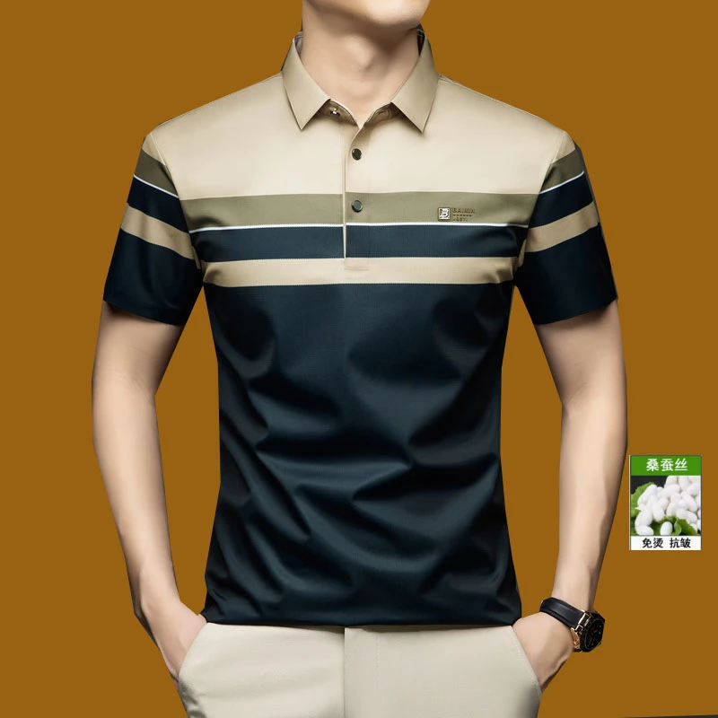 精选品牌高端夏季短袖翻领Polo衫甄选高端桑丝潮流薄款商务男t恤