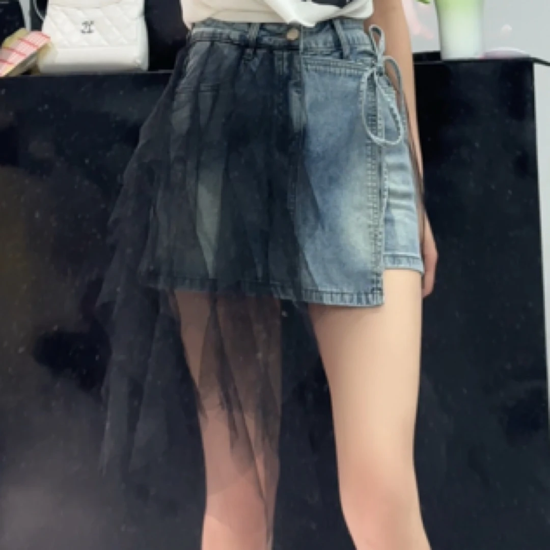 夏季不规则减龄辣妹高腰显瘦短裙裤设计感网纱拼接牛仔半身裙女