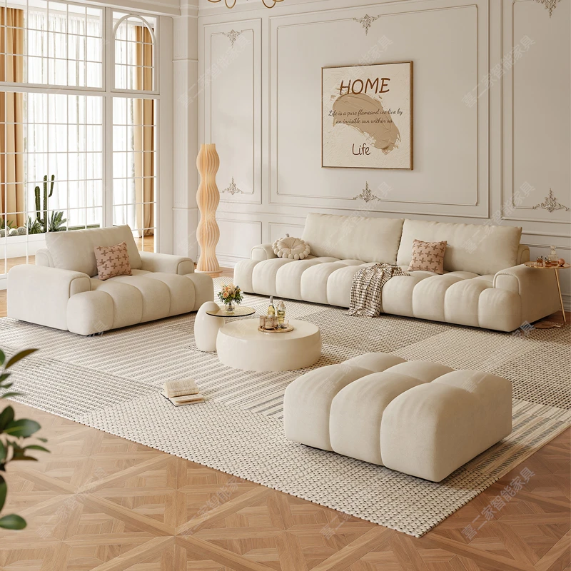 喜二家意式极简泡芙沙发猫爪绒创意背皮艺免洗小户型轻奢直排沙发