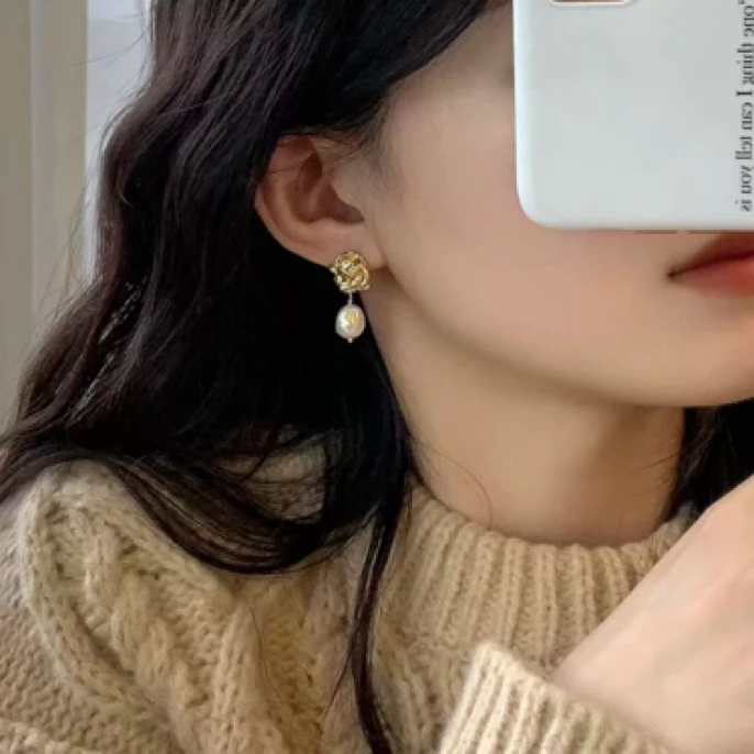 铜合金耳饰 《货号8719》玫瑰花珠珠吊坠耳环