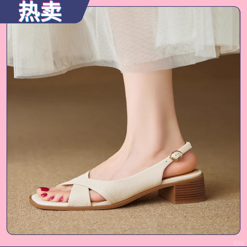 仙女风法式真皮交叉带羊皮方头罗马鞋粗跟高跟一字带露趾凉鞋女