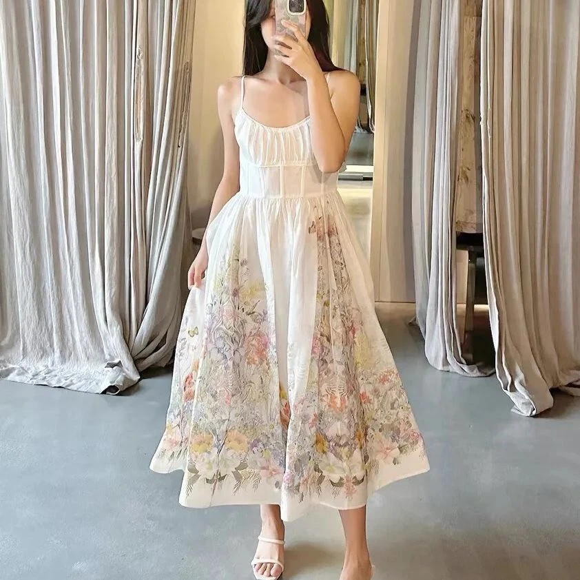 Z家轻奢高定鱼骨丝质亚麻鱼骨吊带法式印花收腰显瘦连衣裙温柔风