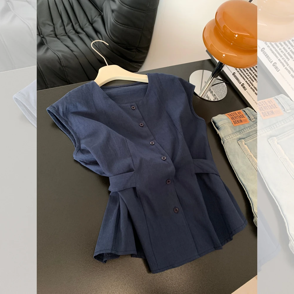 时尚显瘦藏青色无袖衬衫夏季薄款胖MM大码女装收腰遮肚小飞袖上衣