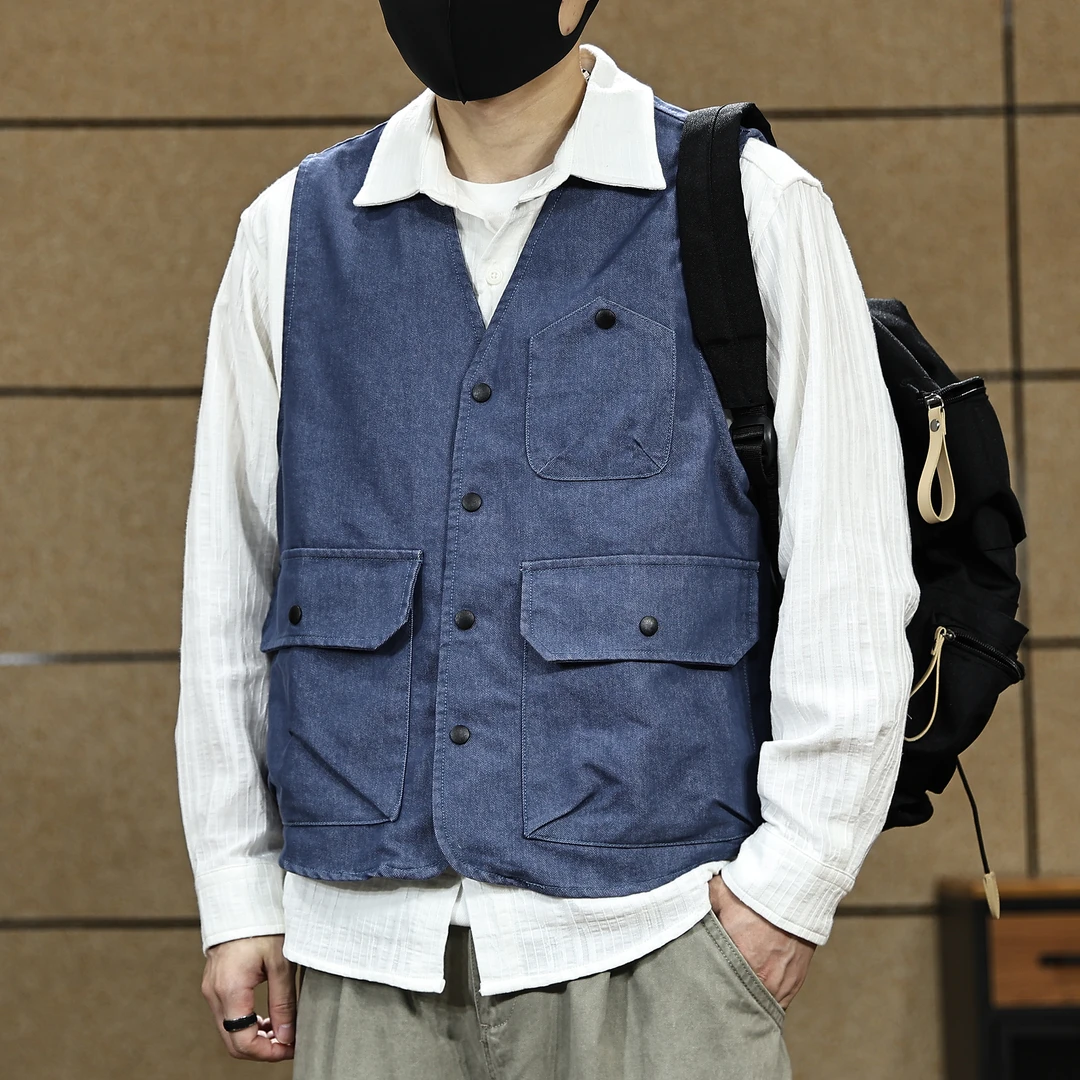 美式复古重磅牛仔马甲男春秋宽松休闲2025新款高街坎肩外套深蓝色