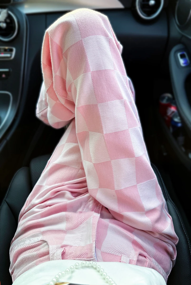 粉色格子阔腿牛仔裤女2025新款高腰遮胯显瘦拖地直筒牛仔裤