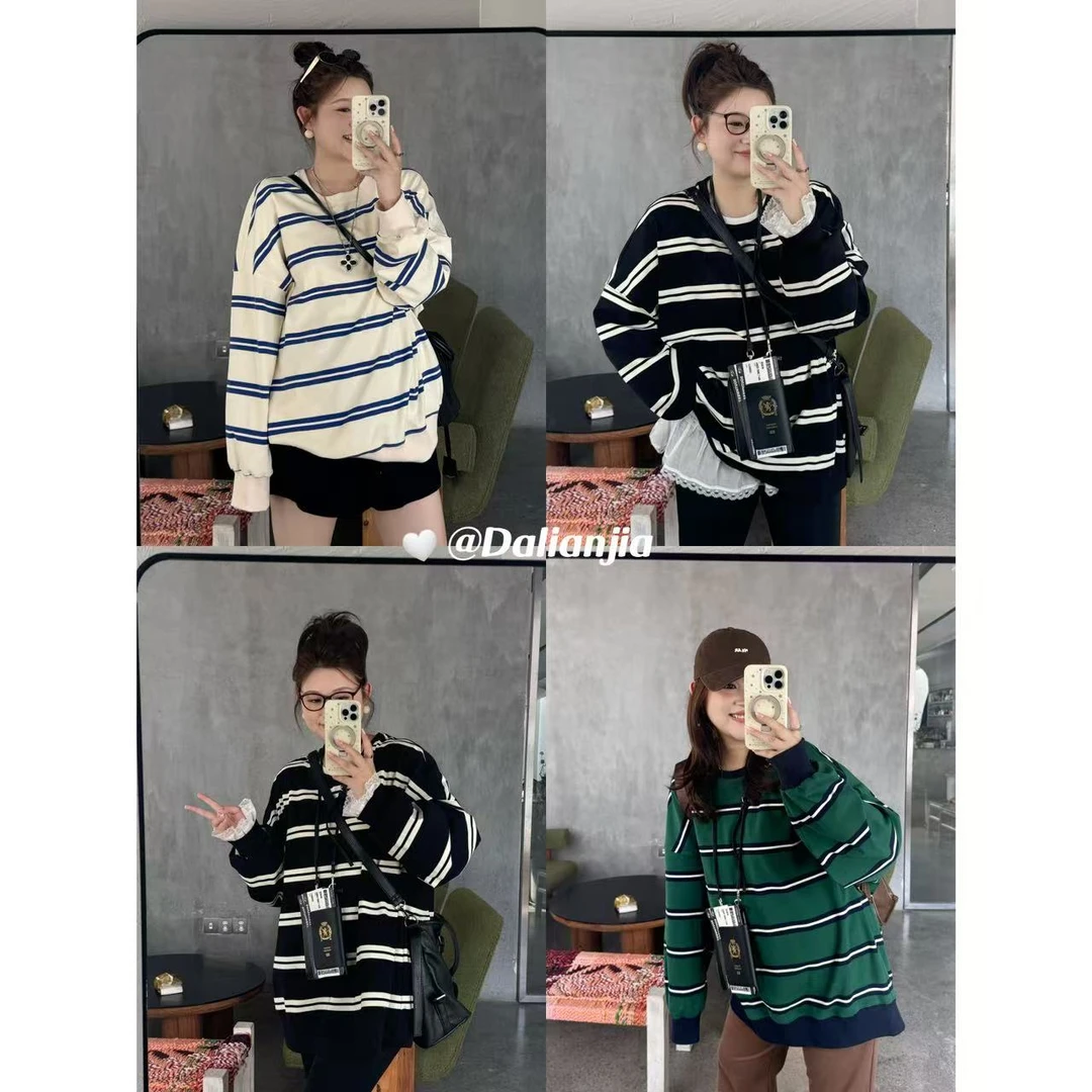晶咕佳佳【条纹专家】宽松圆领阔版套头条纹卫衣长袖时尚休闲百搭