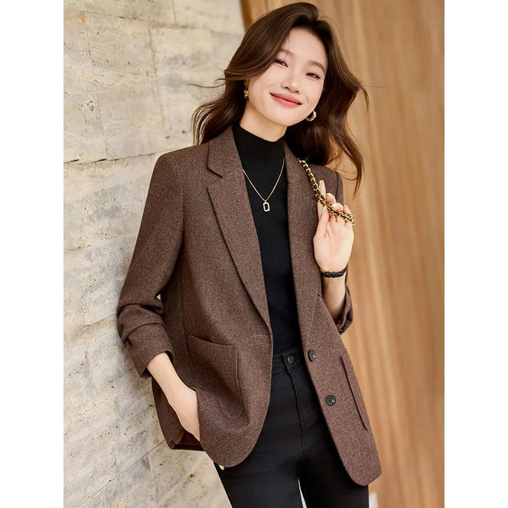 咖啡色羊毛西装外套女2025新款春秋高级感气质名媛小个子百搭上衣