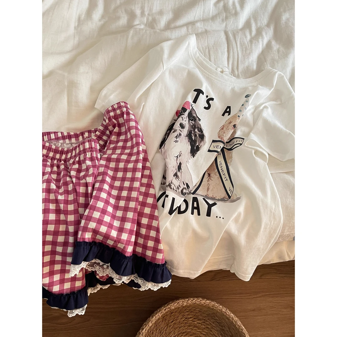 【韩系小狗】甜美短袖睡衣女春夏季2025新款粉色格子短裤套装家居服