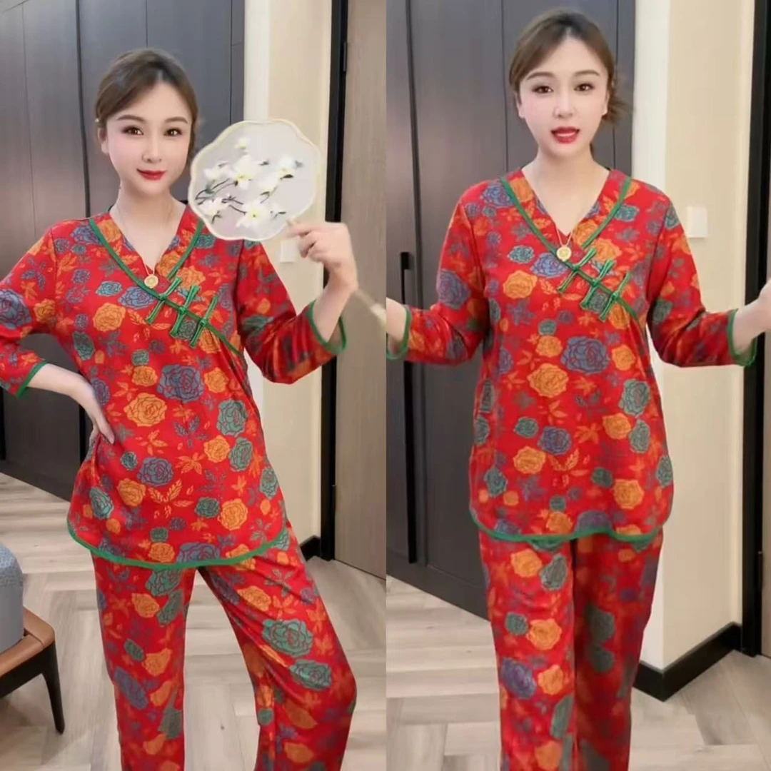 中国风睡衣家居服套装复古春夏套装印花女士大码上衣休闲