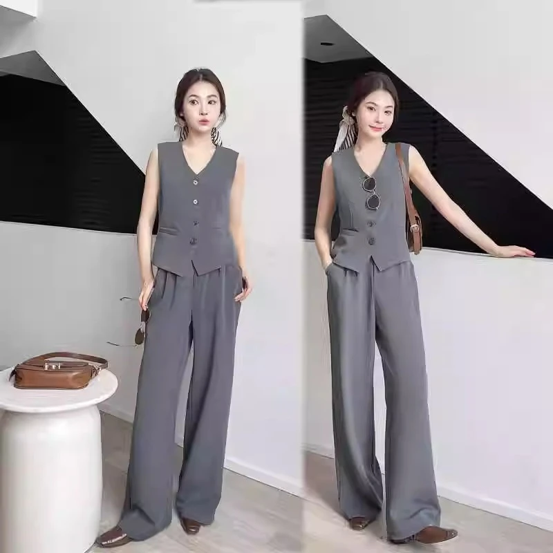 职业装一整套女秋季新款洋气时尚西装马甲灰色女高级感直筒裤子潮