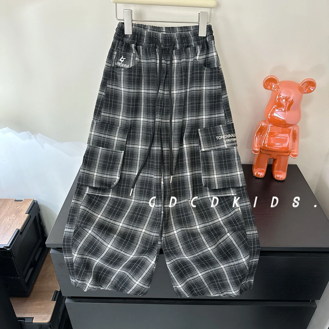 川度25361儿童格子百搭裤子秋装休闲裤大口袋刺绣工装裤两用脚口