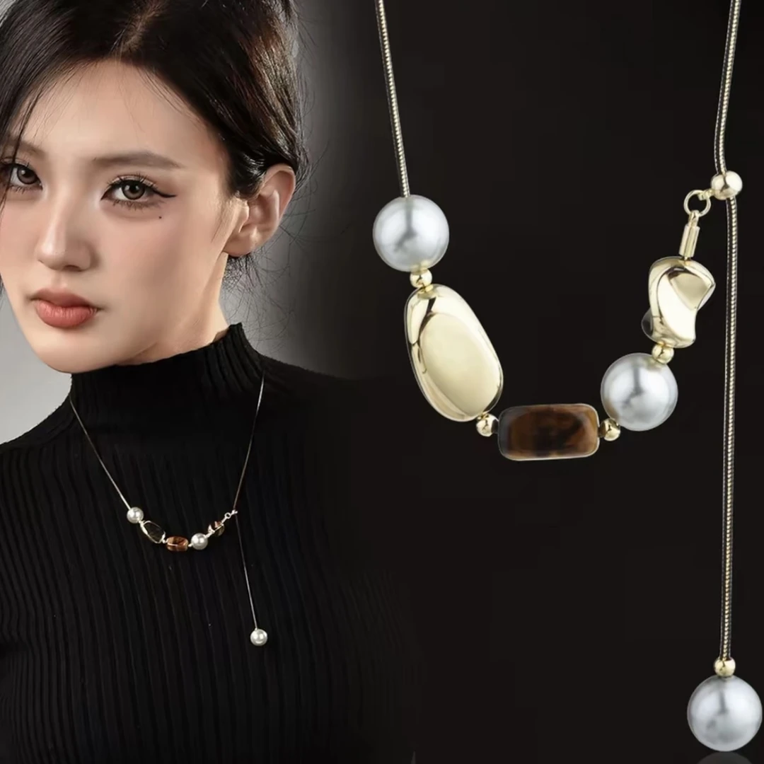 钛钢项链 不规则几何珠珠毛衣链女可抽拉项链时尚气质秋冬配饰品