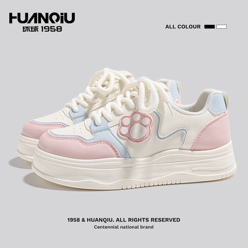 环球板鞋女2025春季新款时尚ins熊掌可爱软底学生厚底百搭小白鞋