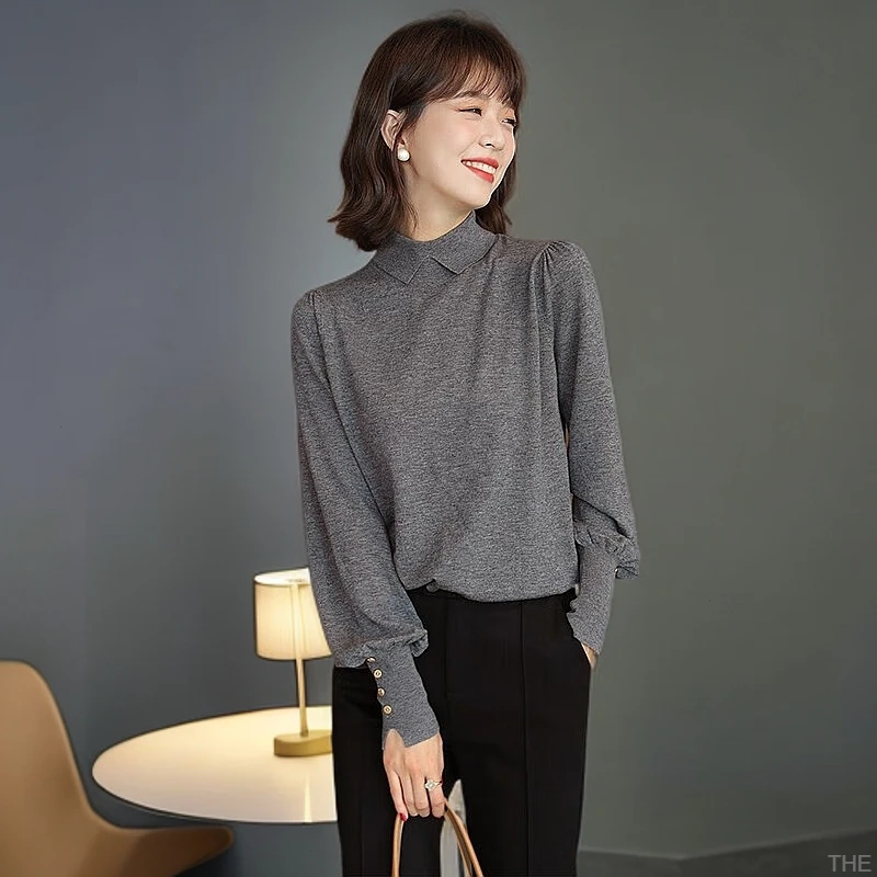 春秋新款高档针织衫女polo领爆款修身显瘦气质洋气套头外穿打底衫