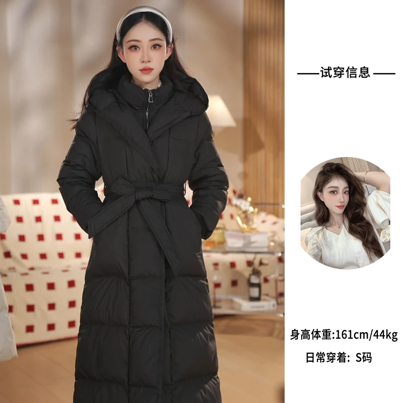 新款鹅绒服女中长款显瘦腰带连帽加厚保暖外套过膝秋冬66#