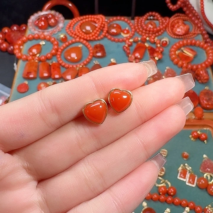 南红玛瑙银S925镶嵌耳饰
