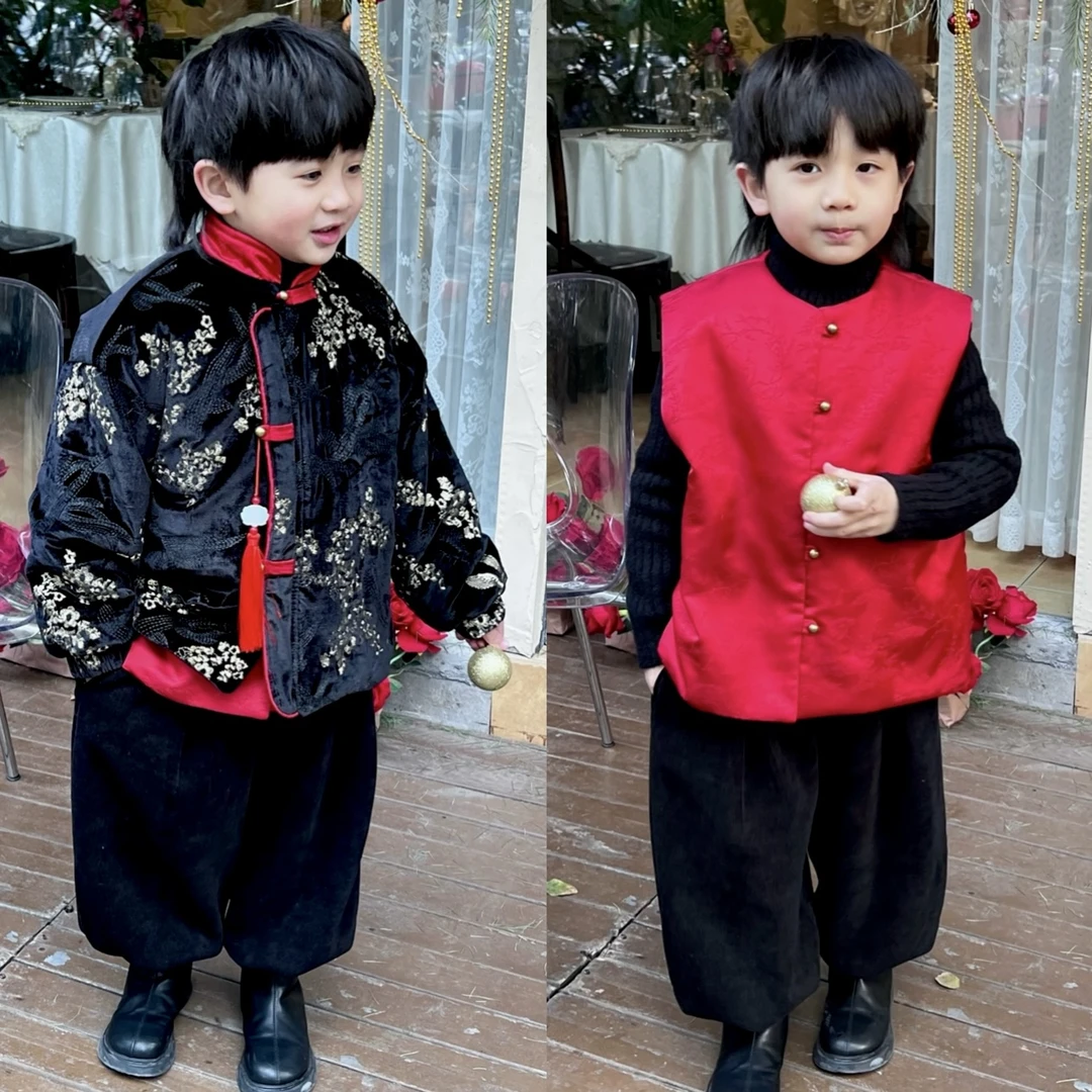 中国风拜年服童男童汉服外套2024冬季新款套装儿童加绒中式唐装