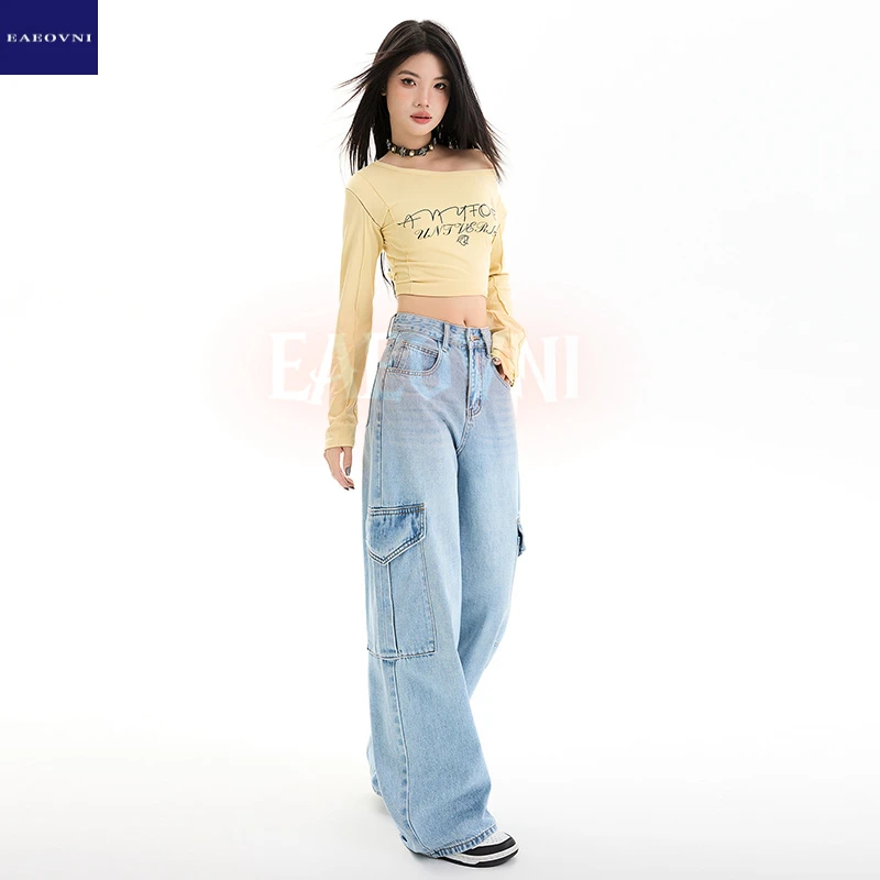 大口袋工装牛仔裤女春季新款宽松简约百搭水洗显瘦阔腿长裤潮2003