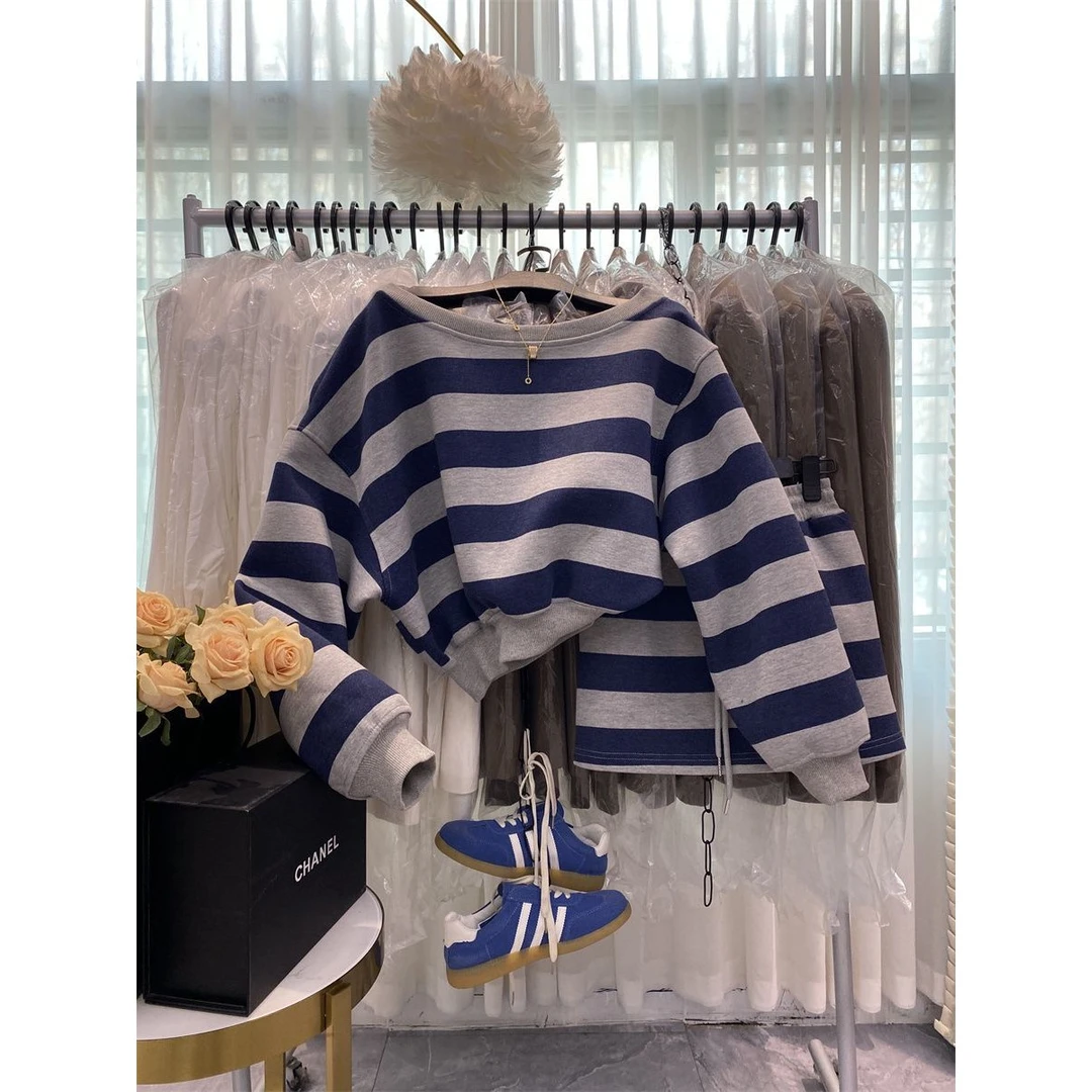 韩版春季新款纯欲辣妹露肩短款上衣显瘦包臀半身裙条纹减龄套装女