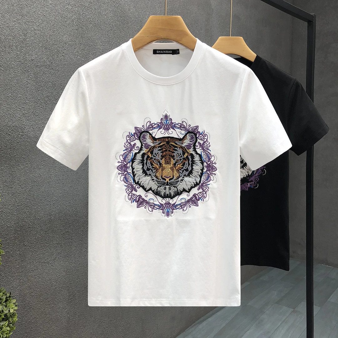 高端痞帅刺绣短袖t恤男潮牌个性半袖2025夏男士中年纯冬季短袖