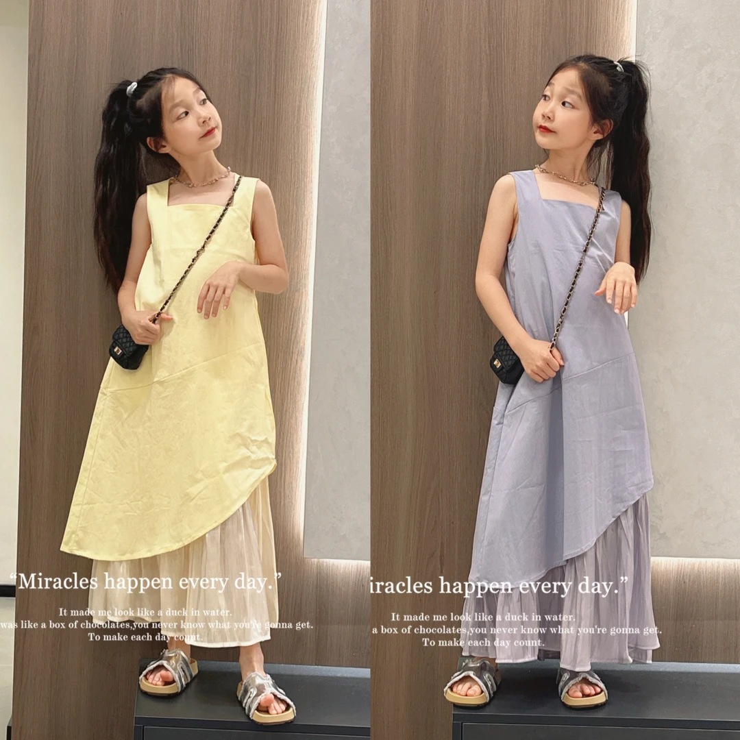 设计款新款夏季女童不规则下摆假两件拼接纱连衣裙宽松背心裙