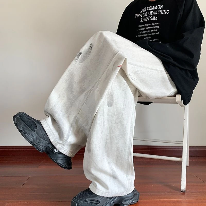 美式高街做旧泼墨设计水洗牛仔裤男生秋季百搭休闲宽松阔腿长裤子