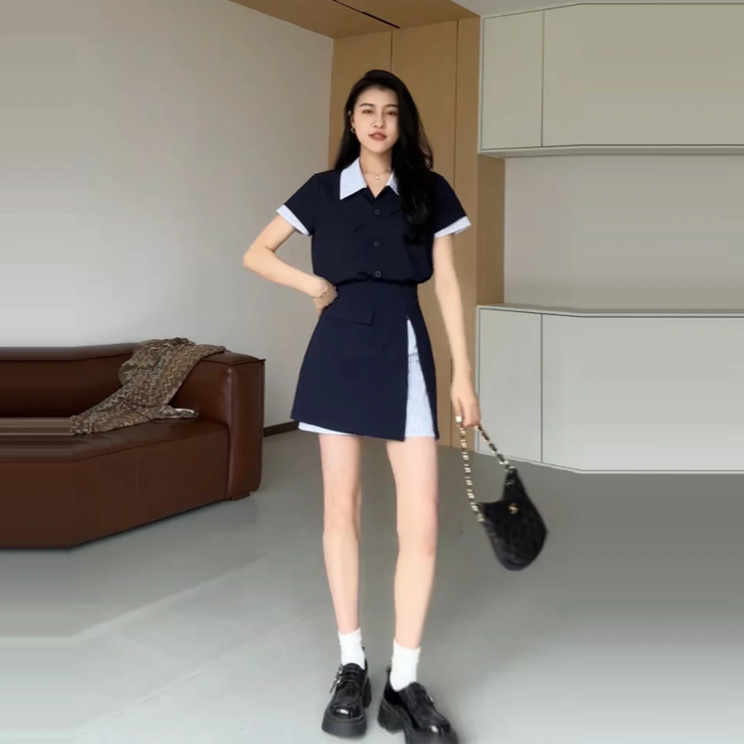 大码英伦风假两件polo领衬衫女夏季胖短袖上衣半身裙两件套BD212