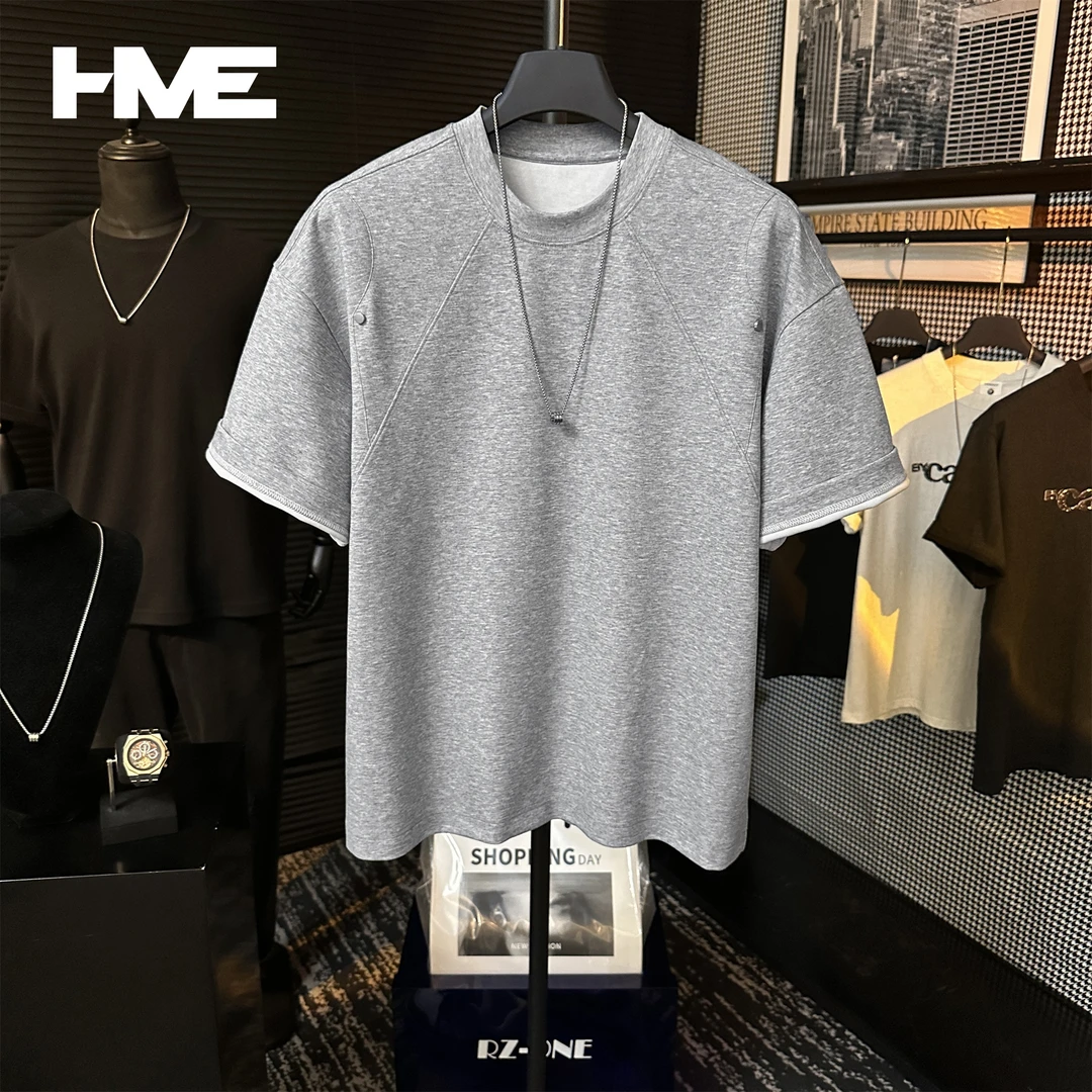 【HMEYAO】夏季男士重磅拼接铆钉设计时尚百搭冰感棉圆领短袖T恤